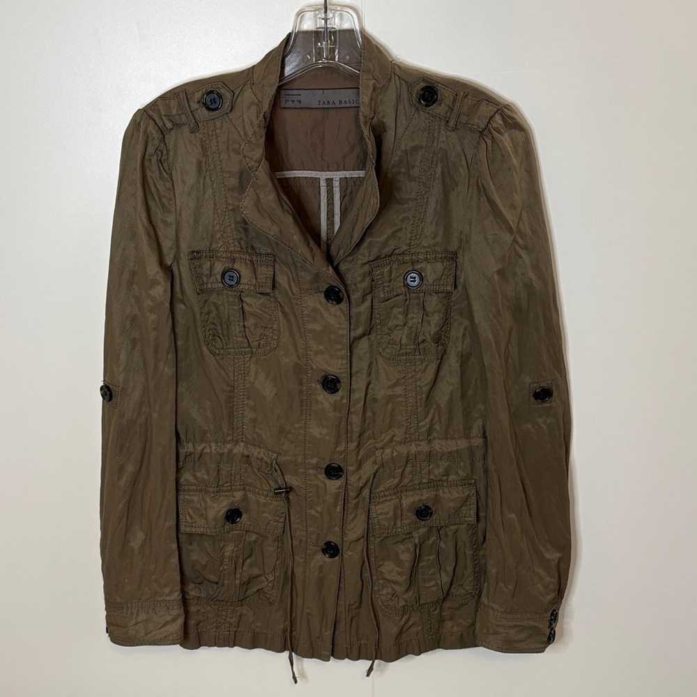 Zara Khaki Cotton Sheen Button-Up Field Jacket